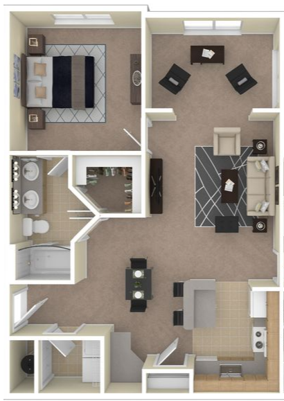 Floor plan for 1 bed, 1 bath, 965 sqft